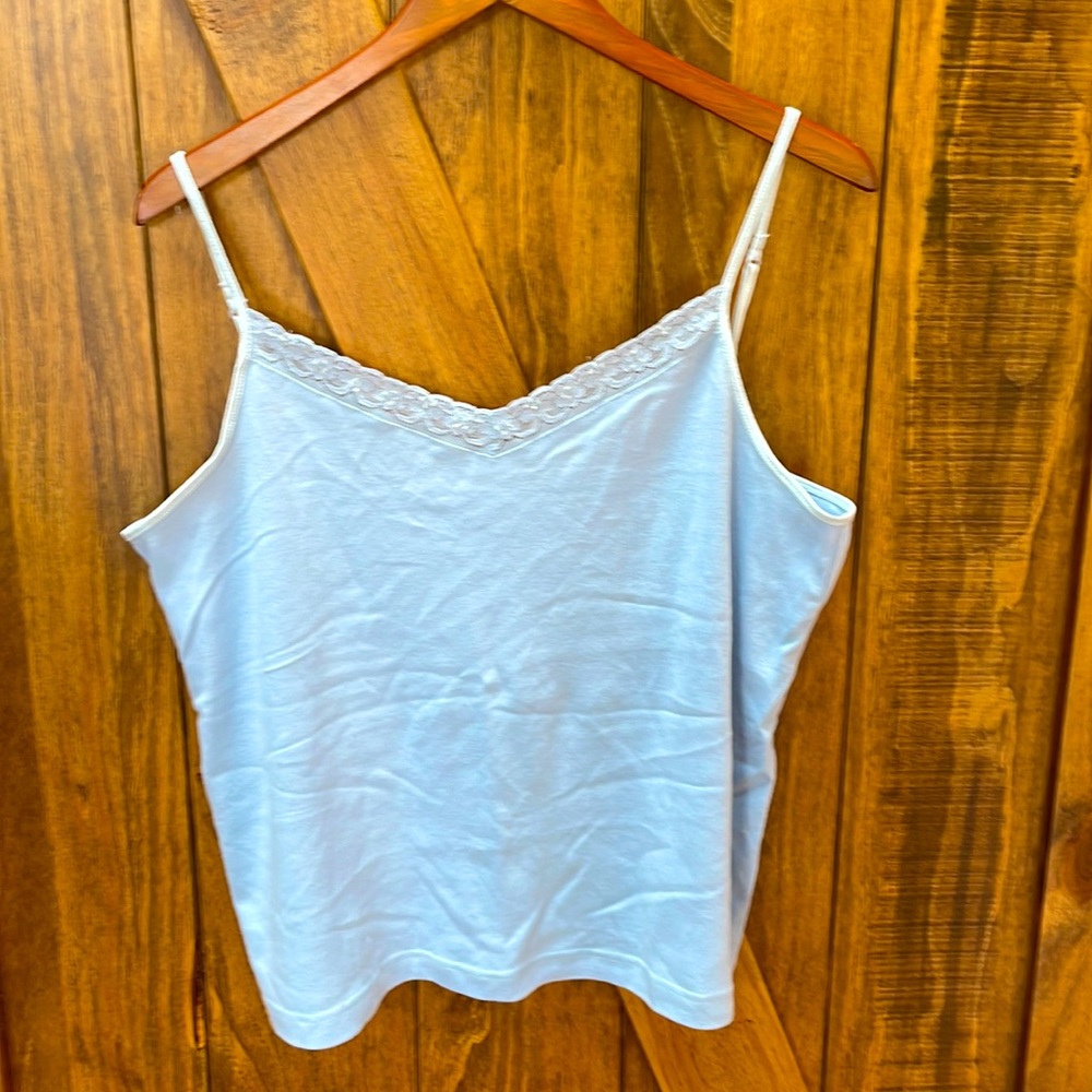 Light blue 1X tank top with lace and beaded neckline by St John’s Bay